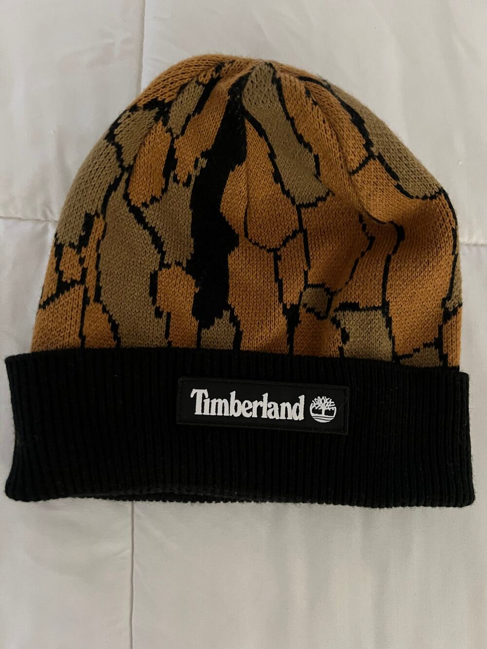 Timberland Cuffed Logo Beanie Cranmore Bark Camo Green Brown Men's Knit O/S